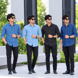 4 Pcs Denim Full Sleeve Single Poket- Sky+Black+Navy+Light Sky