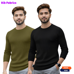 2 Pcs Men's Premium 2/2 Rib Full Sleeve T-shirt - Black + Olive