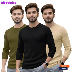 3 Pcs Men's Premium 2/2 Rib Full Sleeve T-shirt - Olive+Black+Cream