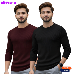 2 Pcs Men's Premium 2/2 Rib Full Sleeve T-shirt - Black + Purple