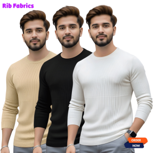 3 Pcs Men's Premium 2/2 Rib Full Sleeve T-shirt - White+Black+Cream