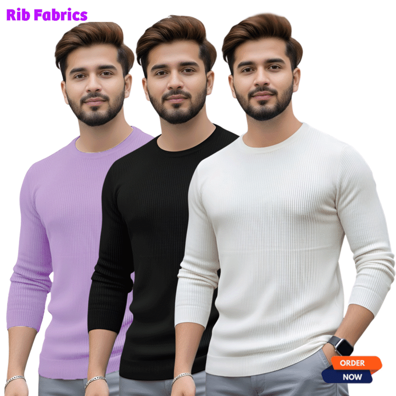3 Pcs Men's Premium 2/2 Rib Full Sleeve T-shirt - White+Black+Light Pink