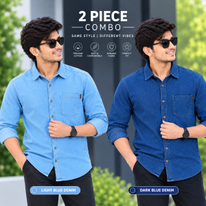 2 Pcs Denim Full Sleeve Single Poket-Navy+ Light Sky