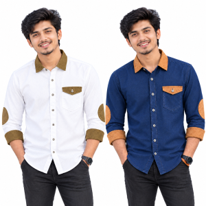 2 Pcs Denim SP Contrast Full Sleeve Shirt- Navy+White