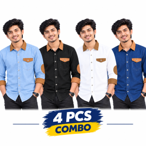 4 Pcs Denim SP Contrast Full Sleeve Shirt- Black +White+Sky+Navy