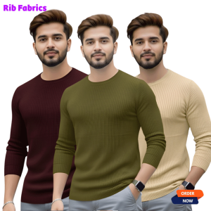 3 Pcs Men's Premium 2/2 Rib Full Sleeve T-shirt - Olive+Purple+Cream