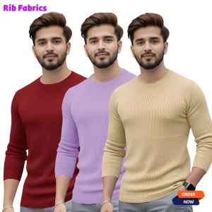 3 Pcs Men's Premium 2/2 Rib Full Sleeve T-shirt - Meroon+Light Pink+Cream