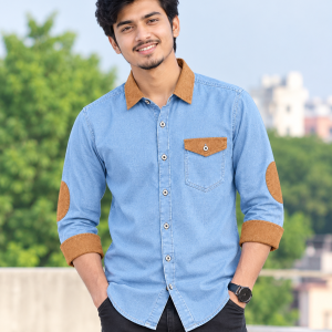 1 Pcs Denim SP Contrast Full Sleeve Shirt- Sky