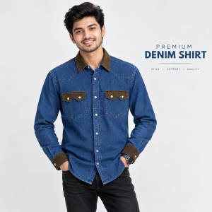 1 Pcs Denim DP Contrast Full Sleeve Shirt- Navy