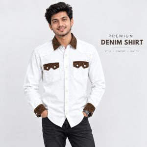1 Pcs Denim DP Contrast Full Sleeve Shirt- White