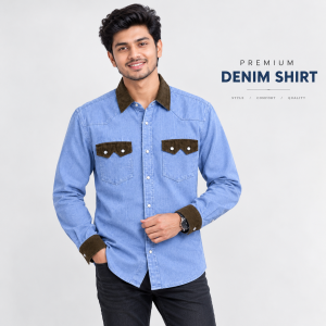 1 Pcs Denim DP Contrast Full Sleeve Shirt- Sky