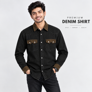 1 Pcs Denim DP Contrast Full Sleeve Shirt- Black