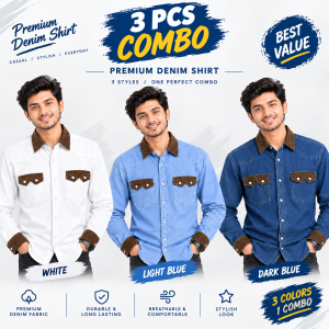 3 Pcs Denim DP Contrast Full Sleeve Shirt- Sky+Navy+White