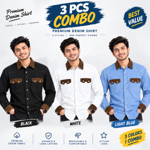 3 Pcs Denim DP Contrast Full Sleeve Shirt- Black +Sky+White