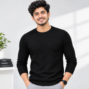 1 Pcs Men's Premium 2/2 Rib Full Sleeve T-shirt - Black