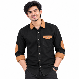 1 Pcs Denim SP Contrast Full Sleeve Shirt- Black