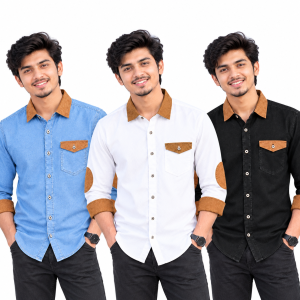 3 Pcs Denim SP Contrast Full Sleeve Shirt- Black +White+Sky