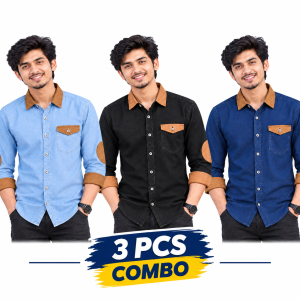 3 Pcs Denim SP Contrast Full Sleeve Shirt- Sky+Black+Navy