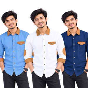 3 Pcs Denim SP Contrast Full Sleeve Shirt- Sky +White+Navy