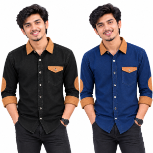 2 Pcs Denim SP Contrast Full Sleeve Shirt- Black +Navy
