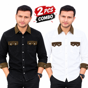 2 Pcs Denim DP Contrast Full Sleeve Shirt-White+Black