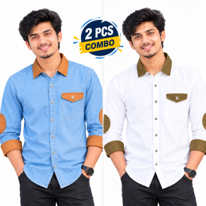 2 Pcs Denim SP Contrast Full Sleeve Shirt-Sky+White