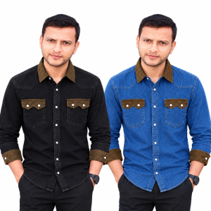 2 Pcs Denim DP Contrast Full Sleeve Shirt- Navy+Black