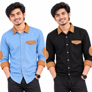 2 Pcs Denim SP Contrast Full Sleeve Shirt- Black +Sky