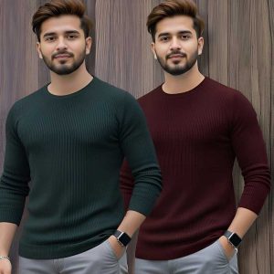 2 Pcs Men's Premium 2/2 Rib Full Sleeve T-shirt - Green +Purple