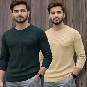 2 Pcs Men's Premium 2/2 Rib Full Sleeve T-shirt - Green + Cream