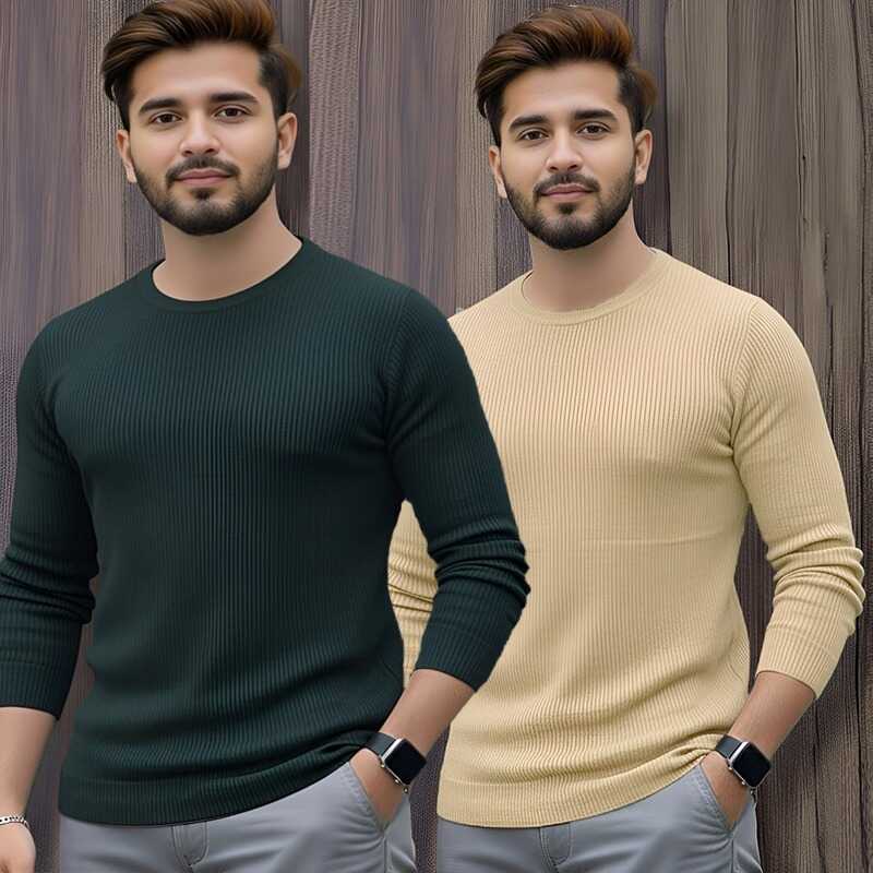 2 Pcs Men's Premium 2/2 Rib Full Sleeve T-shirt - Green + Cream