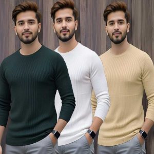 3 Pcs Men's Premium 2/2 Rib Full Sleeve T-shirt - Green+White+Cream