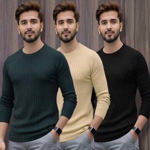 3 Pcs Men's Premium 2/2 Rib Full Sleeve T-shirt - Green+Cream+Black