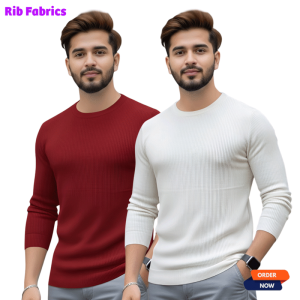 2 Pcs Men's Premium 2/2 Rib Full Sleeve T-shirt - White + Meroon