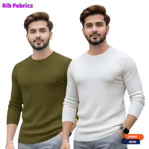 2 Pcs Men's Premium 2/2 Rib Full Sleeve T-shirt - White + Olive