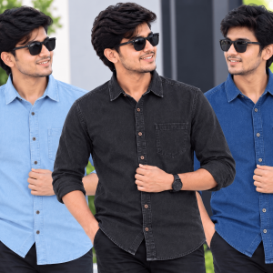 3 Pcs Denim Full Sleeve Single Poket- Black+Navy+Light Sky