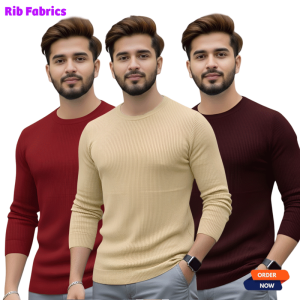 3 Pcs Men's Premium 2/2 Rib Full Sleeve T-shirt - Meroon+Purple +Cream